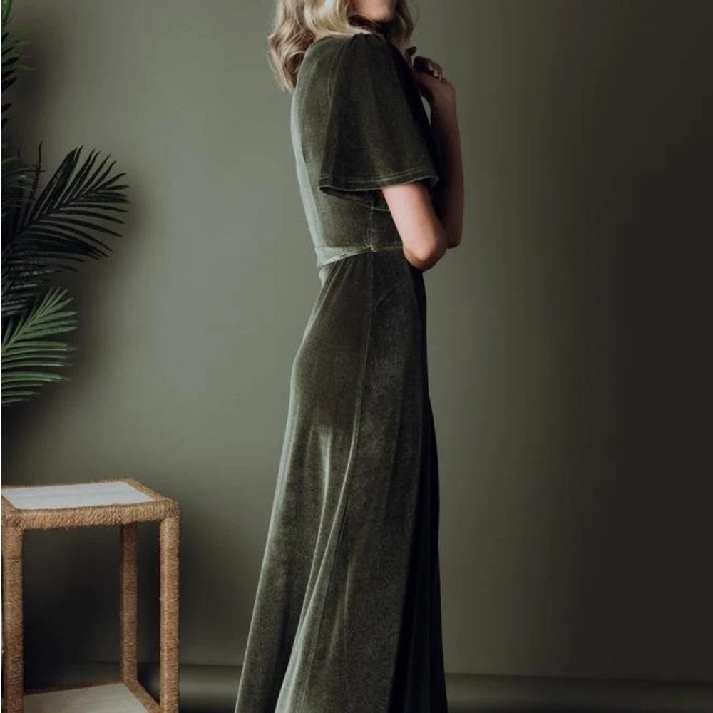 Olive Green Velvet Wrap Dress - Women - Picture 3 of 11